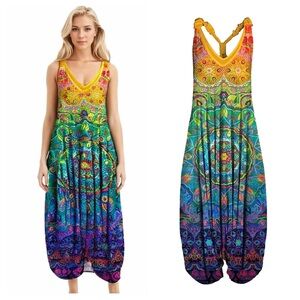 Colorful Boho Wide Leg African Harem Pants Mandala Jumpsuit Romper Streetwear